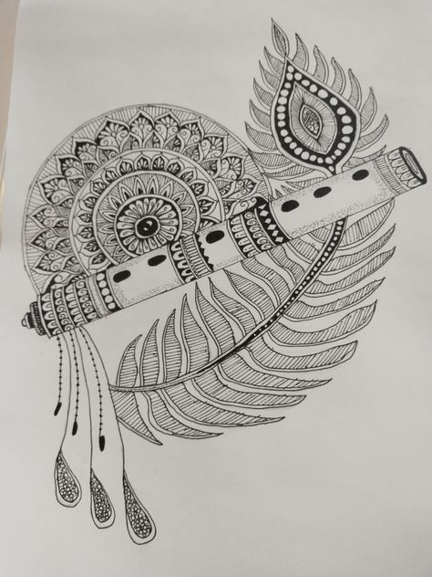 This is a mandala art of ShriKrishna's flute, with a peacock feather. 💙 Drawing Peacock Feathers, Mandala Art Of Peacock, Morpankh Drawing, Peacock Feather Drawing Simple, Peacock Drawing Mandala, Peacock Feathers Drawing, Flute Mandala Art, Mor Pankh Background, Peacock Mandala Art