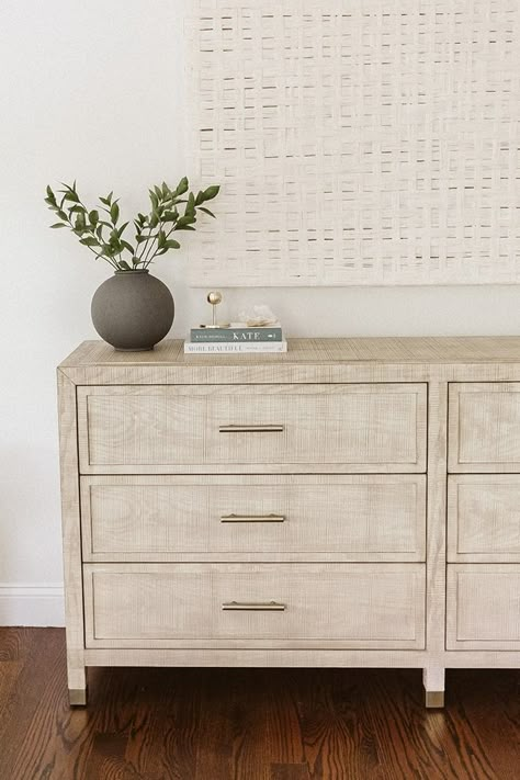 Floating Bedroom Dresser, Small Space Dresser, Small Bedroom Dresser Ideas, Small Bedroom Dresser, Cream Bedroom Walls, Small Dresser Decor, Bedroom Dresser Ideas, Beige Dressers, Bedroom Dresser Styling