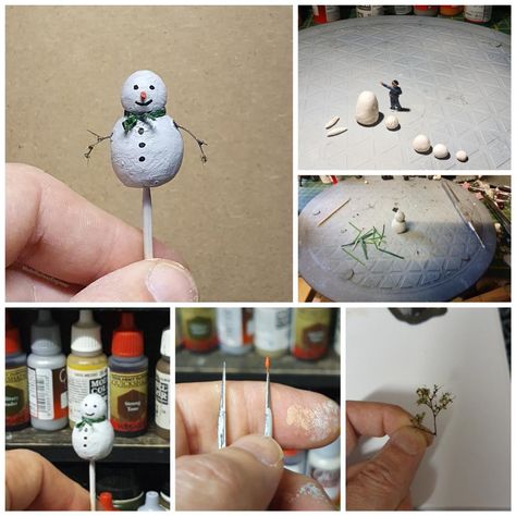 Model Snowmen: how to make an oo gauge Snowman - ModelRailwayEngineer.com Christmas Tree Train Set, Clay Snowman, Christmas Tree Train, Craft Bazaar, Mini Snowman, Christmas Train Set, Miniature Snowman, Green Tinsel, Paper Mache Christmas