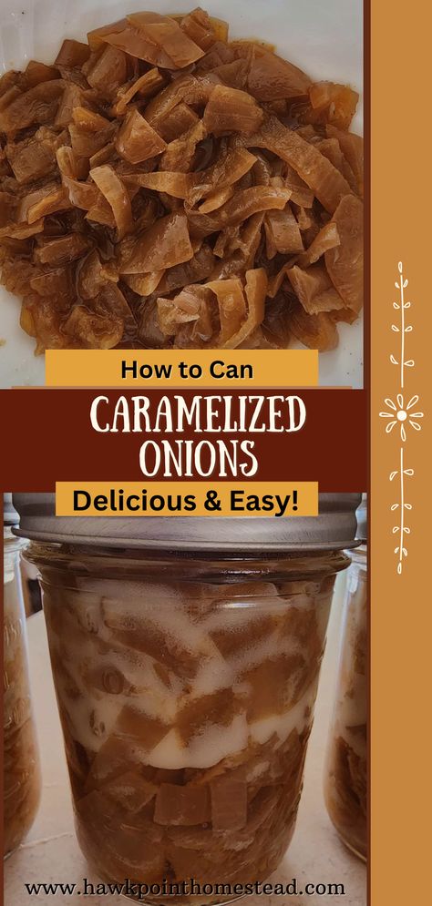 This recipe for canning delicious caramelized onions is a great and easy canning recipe. Caramelized onions are the perfect topping for steaks, hamburgers, hot dogs, and wraps. Plus they are delicious on a Philly cheesesteak sandwich, on a baked potato or with mashed potatoes or even with scrambled eggs. The onions can also be used to make a delicious French Onion soup Canned Carmalized Onion, Canning Scrambled Eggs, Canning Carmelized Onion, Canning Onion Soup, French Onion Soup Canning Recipe, Canning Caramelized Onions, Canning Onions Recipes, Canned Onions, Canning French Onion Soup