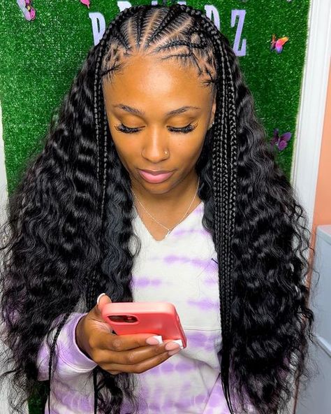 Stitch Braids With Quick Weave In The Back, Half Up Half Down See In With Braids, Half Up Half Down Styles Black Hair, Half Braids Half Sew In Weave Body Wave, Braids And Weave Hairstyles Half Up, Half Up Half Down Braided Hairstyles Black Women, Half Cornrows Half Box Braids With Curls, Braids With Bundles, Half Up Half Down Hairstyles Braids