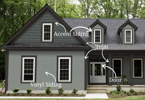 Mixed Siding Exterior Colors, Home Exterior Vinyl Siding, Vinyl Siding Update, Home Exterior Makeover Vinyl Siding, Grey Green Vinyl Siding, Vinyl Siding Ideas Exterior Farmhouse, Vinyl Siding With Stone Accent, Updating Vinyl Siding Exterior, Deep Moss Vinyl Siding