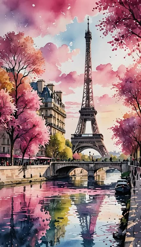 Daily AI Art Challenge: No-Theme Thursday - NightCafe Creator Eiffel Tower Watercolor, Paris Art Painting, Paris Paintings, France Painting, Paris Drawing, Eiffel Tower Painting, Cracked Wallpaper, Watercolor House Painting, Paris Illustration