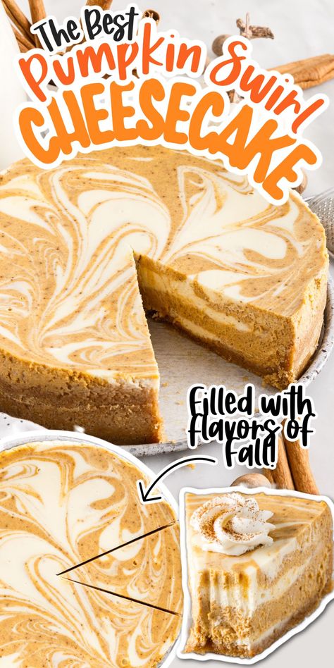 Pumpkin Swirl Cheesecake, Swirl Cheesecake, Pumpkin Pie Cheesecake, Pumpkin Cheesecake Recipes, Pumpkin Dishes, Pumpkin Recipes Dessert, Holiday Dessert, Pumpkin Flavor, Thanksgiving Desserts