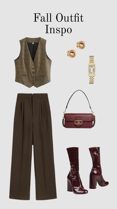 Fall outfit | vest outfit | plaid outfit | chic outfit | fall 2024 outfit inspo Brown Plaid Pants Outfit, Plaid Vest Outfit, Brown Vest Outfit, Outfit Maroon, Fall Vest Outfits, Outfit Vest, Plaid Pants Outfit, 70s Inspired Outfits, Outfit Shein