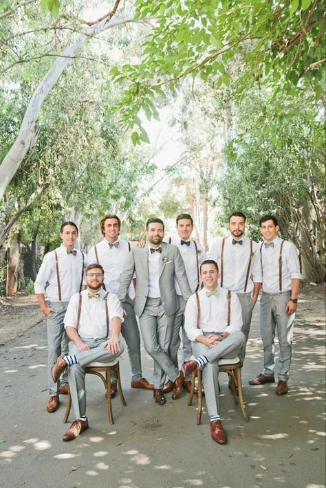 Groom and Groomsmen Attire Inspo Groomsmen In Shirt And Tie, Guys Wedding Tuxedos, Light Grey Suit Green Tie Wedding, Bohemian Wedding Groomsmen, Light Gray Groomsmen Suits Suspenders, Grey Suit Suspenders Wedding, Bohemian Wedding Outfit Men, Light Gray Groomsmen Attire, Light Grey Groomsmen Suits Color Schemes