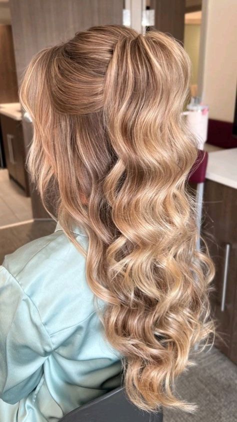 Prom Hair Up And Down, Half Up Half Down Hairstyles For Dance, Hoco Hair Updo Bun, Aesthetic Hairstyles Prom, Bridesmaid Hair Half Up Ponytail, Half Up Hairstyles Wedding Bridesmaid, Graduation Hair Styles Half Up Half Down, Hoco Hairstyles Half Up Half Down Bun, Long Formal Hairstyles Half Up