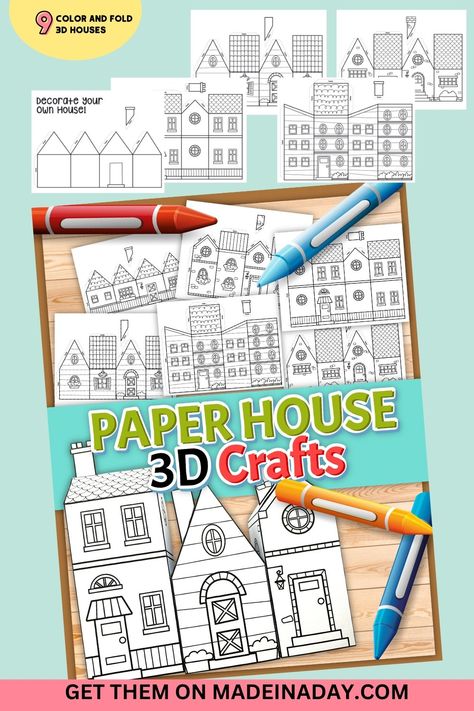 Create your own village with this super cute 3D paper house craft! Print and color in the pages. Cut out the houses, fold the edges, tape them together and enjoy! Coloring page of a house, coloring page house, 3d paper craft printable, 3D paper craft 3d Templates Free, House Stencil Free Printable, 3d House Template Free Printables, 3d Paper Houses Free Printable, 3d House Printable, Paper People Template, Diy Paper House Templates, 3d House Template, My House Activities Preschool