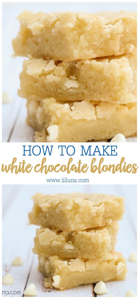 Soft & gooey White Chocolate Blondies are bursting with white chocolate chips and chewy vanilla brownie delicious-ness!#whitechocolateblondiesrecipe #whitechocolateblondies #blondiesrecipe #blondies #whitechocolate White Chocolate Blondies Recipe, Chocolate Blondies Recipe, Brownies Decorados, Vanilla Brownies, Chocolate Blondies, White Chocolate Brownies, White Chocolate Blondies, White Chocolate Recipes, Chocolate Oats