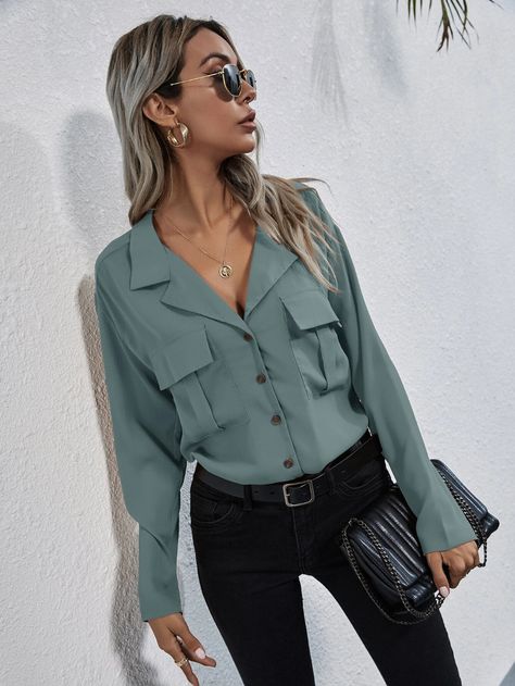 Lapel Collar Flap Pocket Button Front Blouse | SHEIN USA Ladies Chiffon Shirts, Gifts For Female Friends, Plain Shirt, Female Friends, Green Button, Plain Shirts, Pocket Shirt, Chiffon Shirt, Trendy Fashion Women