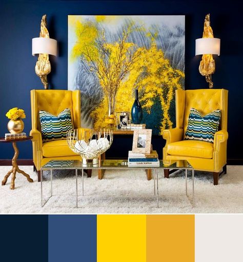 Blue and yellow interior design colour scheme Yellow Chairs, Interior Design Color Schemes, Color Schemes Design, Interior Design Minimalist, Colorful Interior Design, Set Sofa, Yellow Living Room, Interior Design Color, Living Room Color Schemes