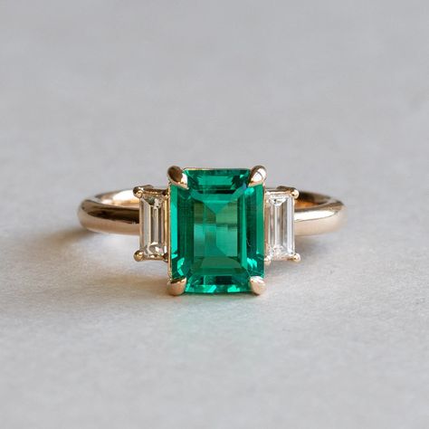 18k Emerald With Baguette Diamonds Ring, 1.4 Carat Emerald Ring, Three Stone Ring, Engagement Ring, Emerald Ring, Lab Grown Emerald Ring - Etsy Emerald 3 Stone Ring, Emerald Gold Ring Vintage, Emerald Ring Vintage Gold, Three Stone Emerald Ring, Art Deco Emerald Engagement Ring, Diamond Ring With Emerald Accents, Emerald Cut Emerald Engagement Ring, Emerald Stone Engagement Ring, Diamond And Emerald Engagement Ring