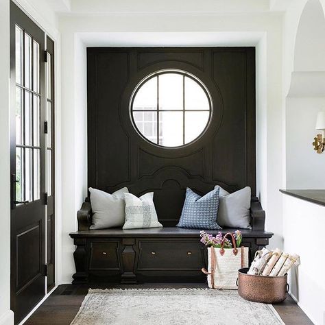 I love a nice front entrance. Adding this accent wall to match the black door is stunning. Whats your thoughts on this? Whats your entrance look like?  Lets get your front entrance ready for the spring market. Call me. 416.737.6999 AlyshaMcLean.com #alyshamclean #alyshamcleanteam #alysha #frontentrance #foyer  #foyerdecor #blackaccents #blackdoor #hone #house #properties #followtrain #followforfollow #followbackteam #liketeam #inspiration #decor #markham #markhamvillage #markhamrealestate #corne Foyer Decorating, Home Luxury, Hall Design, Black And White Decor, Built In Bench, Glass Cover, Laundry Rooms, Blue Bedroom, Design Living Room