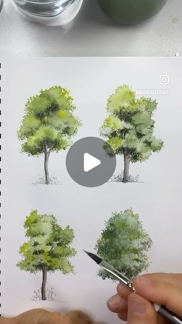 Watercolor Tree Step By Step, How To Draw Tree Watercolor, Trees In Watercolour, Painting Trees Acrylic Tutorial, Watercolour Trees Tutorials, Tree Drawing Watercolor, Watercolor Trees Tutorial, Water Colour Painting Watercolour, Tree Painting Tutorial