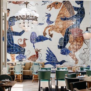 CAFÉ MEDI (@cafemedinyc) • Fotos y videos de Instagram Tile Murals, Cafe Interior Design, Painted Wall, Ceramic Wall Tiles, Mural Wall Art, Hospitality Design, Restaurant Interior, Cafe Interior, Cafe Design