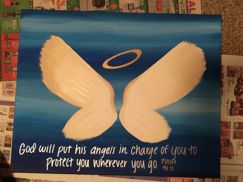 Easy Christmas Paintings On Canvas, Easy Christmas Paintings, Christian Art Painting, Christian Canvas Paintings, Angel Wings Painting, Heaven Painting, Psalm 91 11, Music Canvas, Christmas Paintings On Canvas