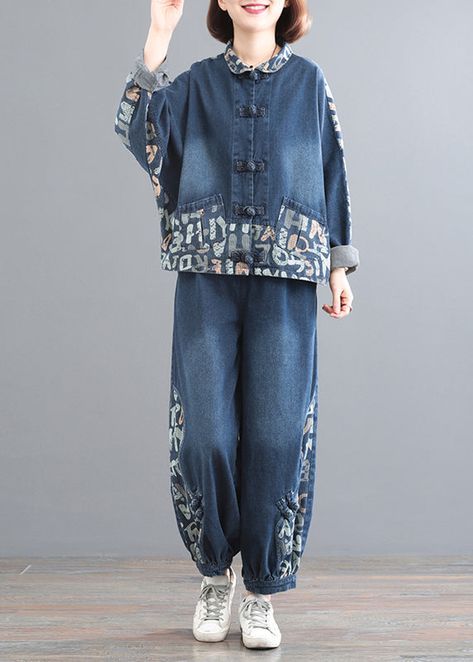 Boutique Blue Peter Pan Collar Pockets Denim Two Piece Suit Set Fall – Omychic Lantern Pants, Denim Jacket And Jeans, Blue Peter, Printed Denim Jacket, Spring Fabric, Linen Maxi Dress, Print Coat, Comfortable Room, Printed Denim