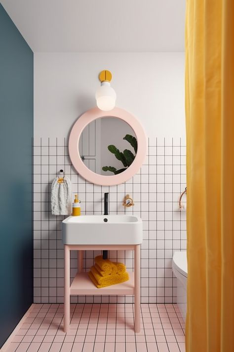 Small Sink Toilet, Avant Basic Bathroom, Small Colourful Bathroom Ideas, Light Color Bathroom, Pastel Yellow Bathroom, Colorful Bathroom Ideas Bright, Pastel Bathroom Ideas, Bathrooms Inspiration Modern, Pastel Bathroom Decor