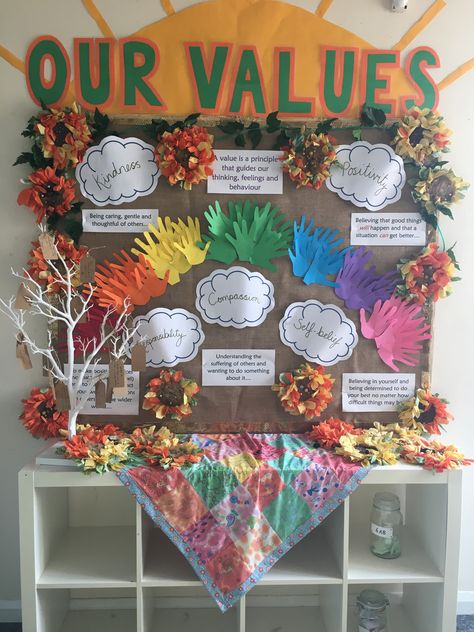 Classroom Values Display, Natural Displays Classroom, Primary School Entrance Ideas, Class Values Display, School Values Display Board, School Entrance Display, Core Values Bulletin Board Ideas, Nursery Board Ideas Classroom Displays, Nursery Entrance Ideas Eyfs