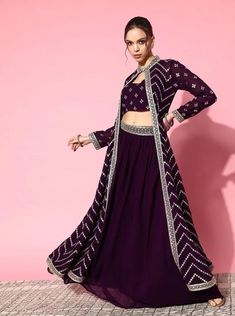 Roka Outfits, Skirt With Jacket, Crop Top With Skirt, Top With Skirt, Work Skirt, Ethnic Motifs, Solid Skirt, Embroidered Crop Tops, Woman Wine