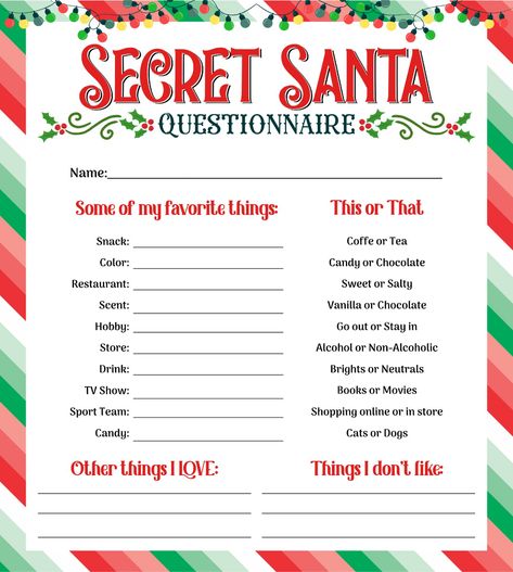 Free Christmas Wish List Printable, Secret Santa Questionnaire For Coworkers Free Printable Free, Free Printable Secret Santa Wish List, Secret Santa Questionnaire For Coworkers Free Printable, Christmas Questionnaire, Sibling Activities, Secret Santa Questionnaire For Coworkers, Employee Encouragement, Secert Santa