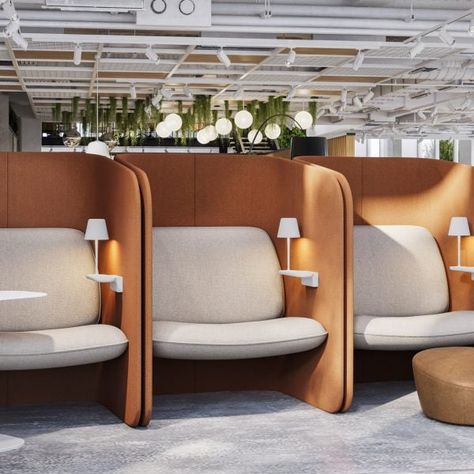 Furniture design brand Boss Design has released an enclosed single-person seating booth that facilitates both work and relaxation in busy open-plan interiors. Toilet Vanity Unit, Boss Design, Modular Office, Office Pods, Bathroom Units, Lounge Seating, Office Furniture Desk, Acoustic Panels, Hotel Lobby