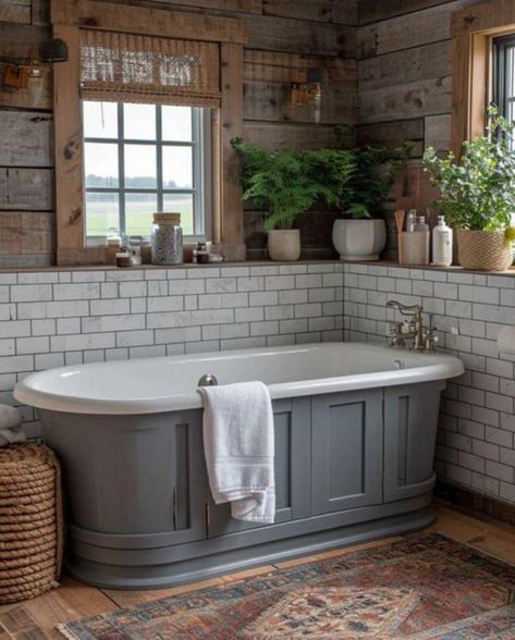 Cozy Farmhouse Bathroom, Farmhouse Bathroom Accessories, Freestanding Tubs, Bathroom Farmhouse Style, Cottage Bathroom, Bathroom Goals, Rustic Bathrooms, Bathroom Trends, Cozy Farmhouse