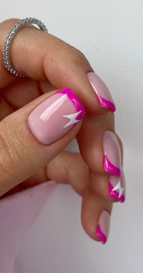 11. Lightning & Hot Pink French Tips Here comes the sun. Chase the sun and enjoy the warmth everywhere you go. Before you go out,... Nail Design Glitter, Manicure Nail Designs, French Tip Nail Designs, French Manicure Nails, Her Nails, Cute Gel Nails, Pink Acrylic Nails, Hot Nails, Fire Nails