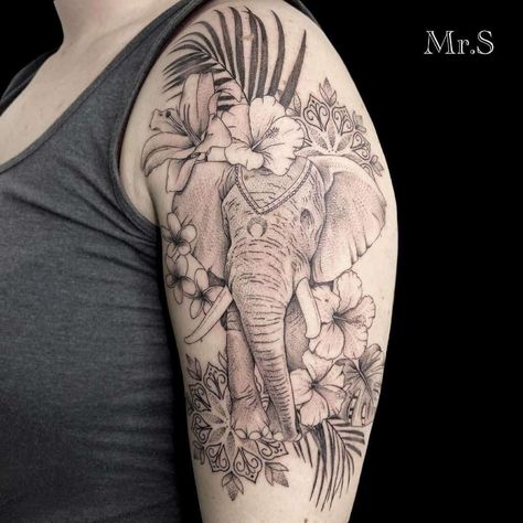 Shoulder Tattoos For Women Elephants, Elephant Arm Sleeve Tattoo, Shoulder Elephant Tattoo, Womens Elephant Tattoo, Elephant And Flowers Tattoo, Elephant Tattoos Arm Half Sleeves, Elephant And Flowers Tattoo Design, Elephant Half Sleeve Tattoos For Women, Safari Tattoo Sleeve Women