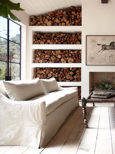 living room with logs Rough Luxe, Interior Design Per La Casa, Diy Projektit, Firewood Storage, Fireplace Ideas, Design Del Prodotto, Design Jobs, Don't Leave, Wood Storage