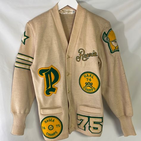 Rare Vintage 70’s Varsity Letterman Cardigan Wool Sweater Baseball Biege Size 36. Beautiful, Almost Unworn Cardigan Sweater From 1974-1975. Made By Shannon And Johnson San Francisco, Usa. A True Survivor, Nostalgic, Very Clean, Color Is Vibrant, Patches And Embroidery Are Solid, 5-Button Closure, Some Wearing Around The Edges But Super Clean And All Original. Perfect For Ballgames, Sporting Events, Parties, Swap Meets, Car Shows, Mancave, Fashion, Casual Or Display As Conversation Piece. Color Is Biege/Cream, Size Is 36 Which Believe To Be Small. View All Pics For Details And Overall Conditions. Measured Flat Approximately: Shoulder To Shoulder: 16” Pit To Pit: 18” Length: 26” Vintage Letterman Sweater, Letterman Cardigan, Letterman Sweaters, Varsity Cardigan, Varsity Sweater, Car Shows, Daily Outfit Inspiration, Boss Life, Super Clean