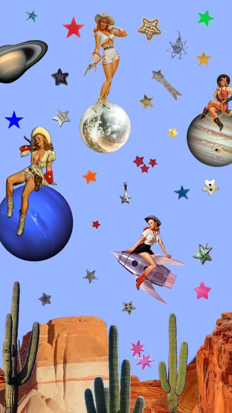 #space #spacecowgirl #cowboys #star #planet #magazine #newspaper #pinup Cowgirls And Aliens Party, Space Cowboy Party Ideas, Space Cowgirl Wallpaper, Space Cowboy Illustration, Cowboy Disco Aesthetic, Space Rodeo Party, Disco Cowboy Aesthetic, Space Cowboy Party Decorations, Cowboys And Aliens Party