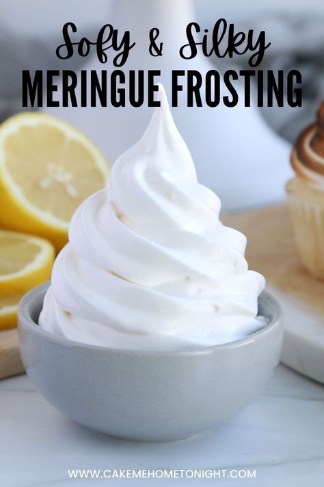 Meringue Frosting is an easy, four ingredient recipe that is perfect to use for meringue desserts! Add extra flavor and texture by toasting the meringue with a kitchen torch! Meringue Frosting Recipe, Cookies And Cream Dessert, Recipe For Cakes, Cake Me Home Tonight, Meringue Icing, Easy Meringues, Lemon Blueberry Cupcakes, Meringue Frosting, Meringue Desserts