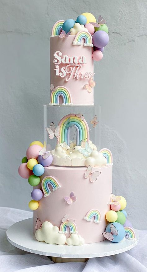 rainbow cake, rainbow layer cake, rainbow cake birthday, rainbow cake design, rainbow cake decorations Butterfly Cake Rainbow, Rainbow Pink Cake, Rainbow Tiered Cake, Double Rainbow Cake, Big Birthday Cake Aesthetic, Rainbow Vintage Cake, 3 Layer Cake Designs Birthday, Cake Design For Girls Birthday, Layer Cake Decoration Ideas