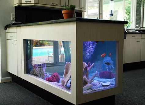 We have plenty of storage, cabinets might need to be sawzalled to do this good look. Aquarium Mural, Island Aquarium, Custom Fish Tanks, Fish Tank Stand, Amazing Aquariums, Cool Fish Tanks, Custom Kitchen Island, Aquarium Stand, Tank Stand