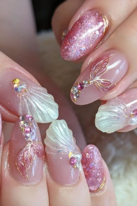 These mermaid nails by @nailsalon.airis.ai dazzle with glittery pink and shimmering white pearl accents. Adorned with intricate mermaid tail nail art and pretty gems, they capture a whimsical and enchanting underwater theme, perfect for adding a touch of magic to your manicure. Dive into 25 enchanting mermaid nail ideas on Nailustrous and transform your manicure into an undersea fantasy! Mermaid Nail Ideas, Mermaid Nail Designs, Tan Nail Polish, Forest Green Nails, Sparkly Christmas Nails, Green Nails Designs, Pink Flower Nails, Mermaid Nail Art, Mermaid Nail