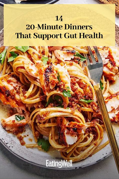 All it takes is 20 minutes or less to make one of these easy, fast gut healthy dinner recipes. High fiber recipes like our Bean & Veggie Taco Bowl and Walnut-Rosemary Crusted Salmon are healthy and delicious choices that will help keep you feeling good. and help your digestion  #dinner#dinnerideas#supperideas#dinnerrecipes#healthydinnerideas#healthydinnerrecipes#healthyrecipes Meals For Digestive Health, Foods For Easy Digestion, Dinners Good For Gut Health, Easy Healthy Hearty Meals, High Fiber Chicken Dinner, Gentle Foods For Stomach, Debloating Dinner, Dinner Recipes For Gut Health, Meals For A Healthy Gut