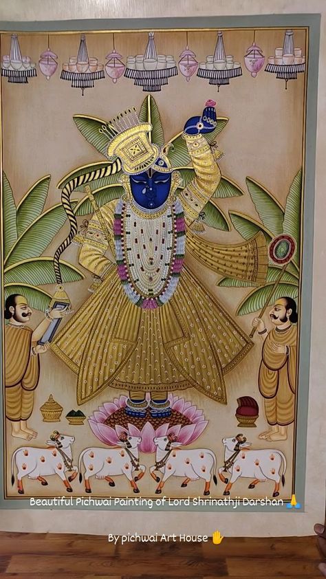 Pichwai Painting of Lord Shrinathji Darshan 🙏🙏 They are typically hung behind the idol of Shrinathji, a local form of Krishna and the… | Instagram Srinath Ji Pichwai Painting, Shrinathji Wedding Decor, Srinath Ji Painting, Shrinathji Paintings On Canvas, Pichwai Shrinathji Painting, Shreenathji Painting On Canvas, Pichwai Wall Art, Pichwai Shreenathji, Pichwai Paintings Krishna