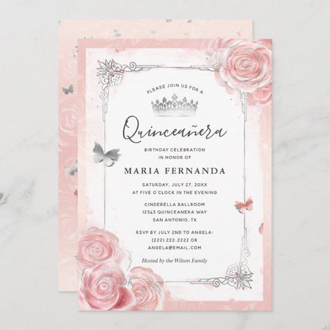 Pink Quinceanera Invitations, Blush Pink Quinceanera, Pink Quince Theme, Pink Roses Watercolor, Pink Quinceanera, Pink Quince, Blush Pink Roses, Quince Invitations, Quinceanera Invitation