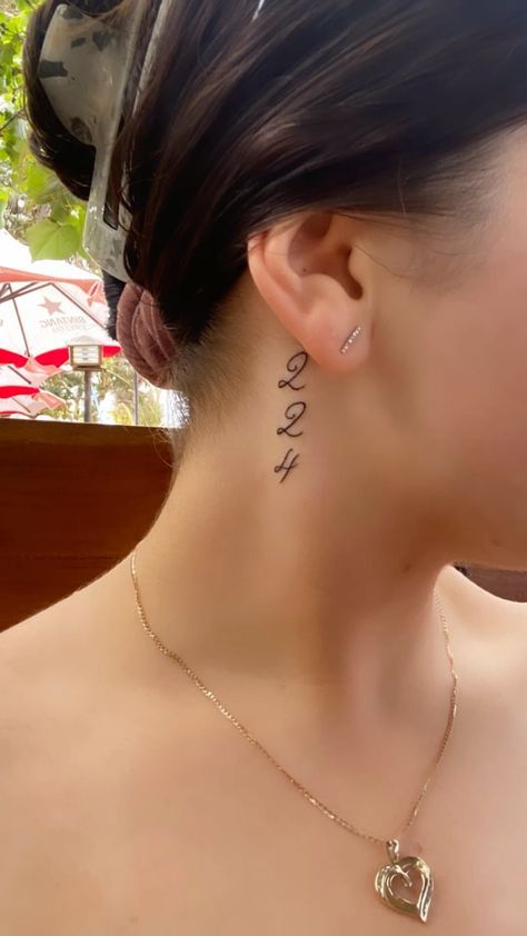 224 Tattoo Ideas Women, 444 Tattoo Ideas Behind Ear, Date Behind Ear Tattoo, 224 Tattoo Ideas Couples, Tattoo Ideas Female Behind Ear, Girly Neck Tattoos, 224 Tattoo Ideas, Cute Neck Tattoos For Women, Brooke Tattoo