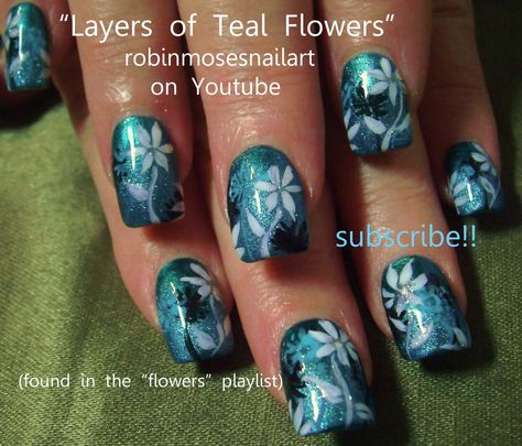 Nail-art by Robin Moses: April 2012 Teal Nail Art, Newspaper Nail Art, Eyeshadow Pigments, Robin Moses, Hand Painted Nail Art, Best Nail Designs, Shellac Nail Art, Cherry Blossom Nails, Teal Nails