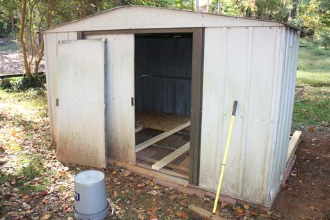 Metal Shed into a coop - detailed project description Shed Turned Into Chicken Coop, Old Shed Into Chicken Coop, Chicken Coop From Old Shed, Sheds Turned Into Chicken Coop, How To Turn A Shed Into A Chicken Coop, Metal Shed Turned Chicken Coop, Chicken Coop From Metal Shed, Turn A Shed Into A Chicken Coop, Turning Shed Into Chicken Coop