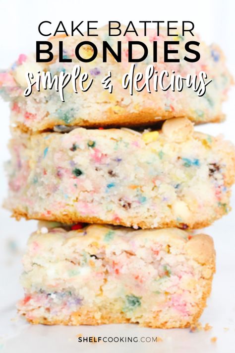 Whip up a scrumptious dessert in no time—these cake batter blondies are perfect! Blondies Recipe Easy Cake Mixes, Quick And Easy Cake Mix Desserts, Dessert With White Cake Mix Boxes, White Cake Mix Desserts Easy, Cake Mix Blondies Recipe, White Cake Mix Desserts, Pregnancy Desserts, Easy Blondies Recipe, Cake Batter Blondies