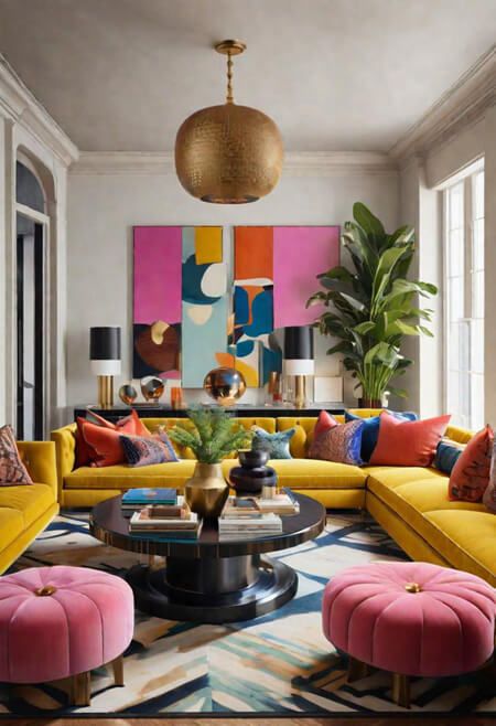 Living Room Ideas With Two Sofas, Sophisticated Colorful Living Room, Pink Scandinavian Living Room, Living Room With Yellow Sofa, Colorblock Living Room, Apartment Living Room Colors, Coloured Sofa Living Room, Colorful Luxury Home Interior, Colorful Salon Decor