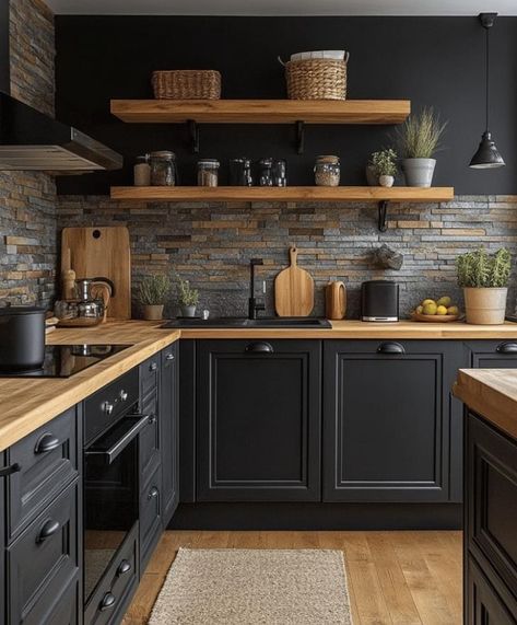 Butcher Block Countertops Black Cabinets, Kitchen Remodel Butcher Block Counter, Black Cabinets With Butcher Block, Black Cabinets Butcher Block Counter, Dark Modern Kitchen, Black Kitchen Countertops, Cozy Cottage Kitchen, Moody Vibes, Natural Wood Kitchen