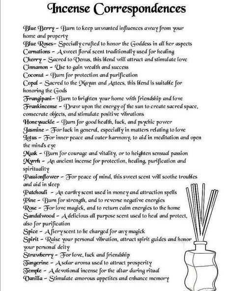 Gypsy Witch on Instagram: “A list of incense and how its "flavor" can be used with spell work. A must have in spell casting for me. #incense #cleanse #incensestick…” Spell Work, Spell Casting, Aura Cleansing, Eclectic Witch, Wiccan Spell Book, Luxor Egypt, Pagan Witch, Baby Witch, Herbal Magic