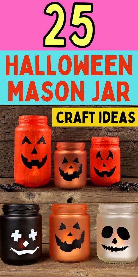 Easy Mason jar craft ideas for Halloween. Halloween craft ideas. How to make homemade Halloween decor. Halloween Crafts With Glass Jars, Halloween Mason Jar Ideas, Halloween Jars Ideas, Paper Crafts For Boyfriend, Halloween Mason Jar Crafts, Diy Halloween Jars, Jar Crafts For Kids, Mason Jar Halloween Decorations, Jam Jar Crafts