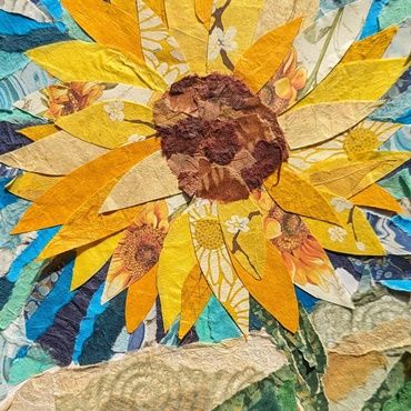 Texas Classes & Presenters Sunflower Mosaic, Folding Origami, Collage Art Projects, Paper Collage Art, Collage Art Mixed Media, Art Stained, Sunflower Art, Mosaic Wall Art, Hello Sunshine