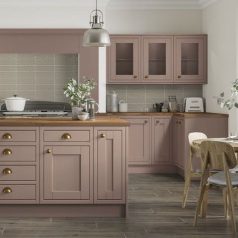 Mauve Kitchen Island, Pale Pink Cabinets, Dusty Pink Cabinets, Soft Pink Kitchen Cabinets, Pink Kitchen Units, Blush Pink Cabinets, Pink Rustic Kitchen, Blush Kitchen Cabinet, Pink Shaker Kitchen