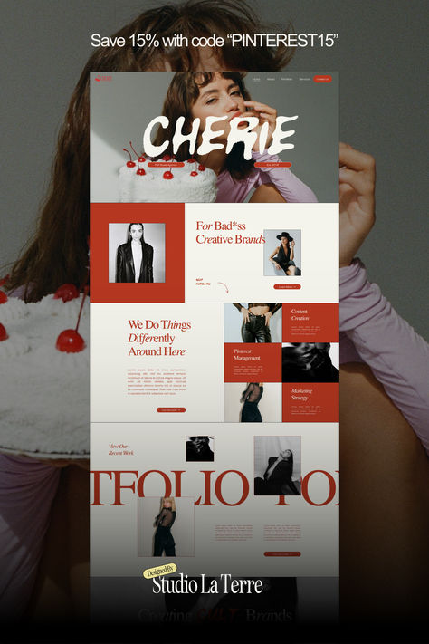 The Cherie Squarespace template is perfect for brand strategists, social media managers, and content creation agencies that need a responsive website template design! This high-converting layout is complemented by a blend of bold colors, modern typography, and a seamless user experience. Plug in your own logo, images, and service offerings to this website template layout to launch. Designed by Studio La Terre. Red Website Design Inspiration, Modern Website Design Creative, Tattoo Website Design, Red Web Design, Red Website Design, Portfolio Website Design Inspiration, Virtual Assistant Website, Social Media Website Design, Website Red